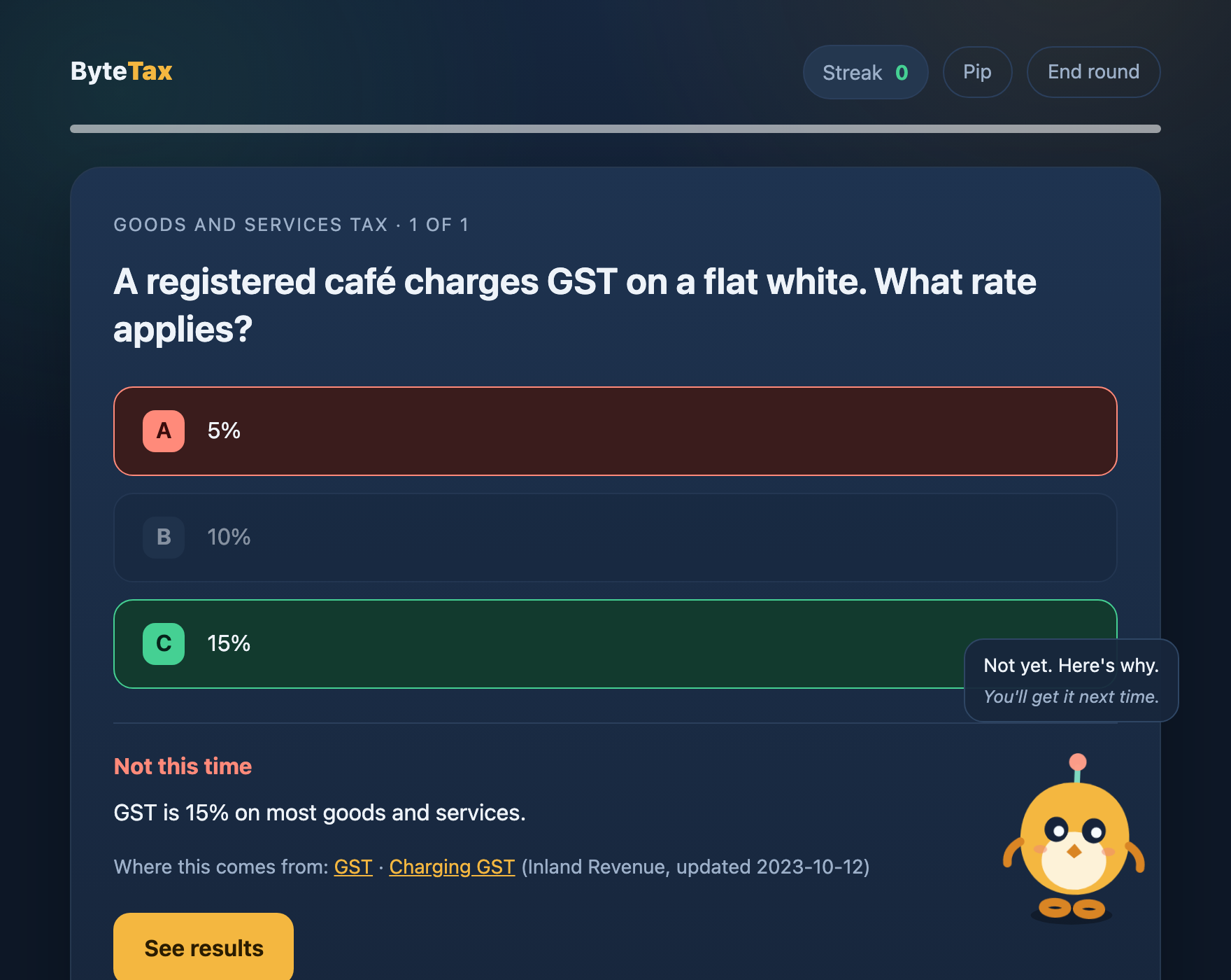 ByteTax 显示一道商品及服务税问题，附答案、一句话理由，以及对应的新西兰税务局页面链接